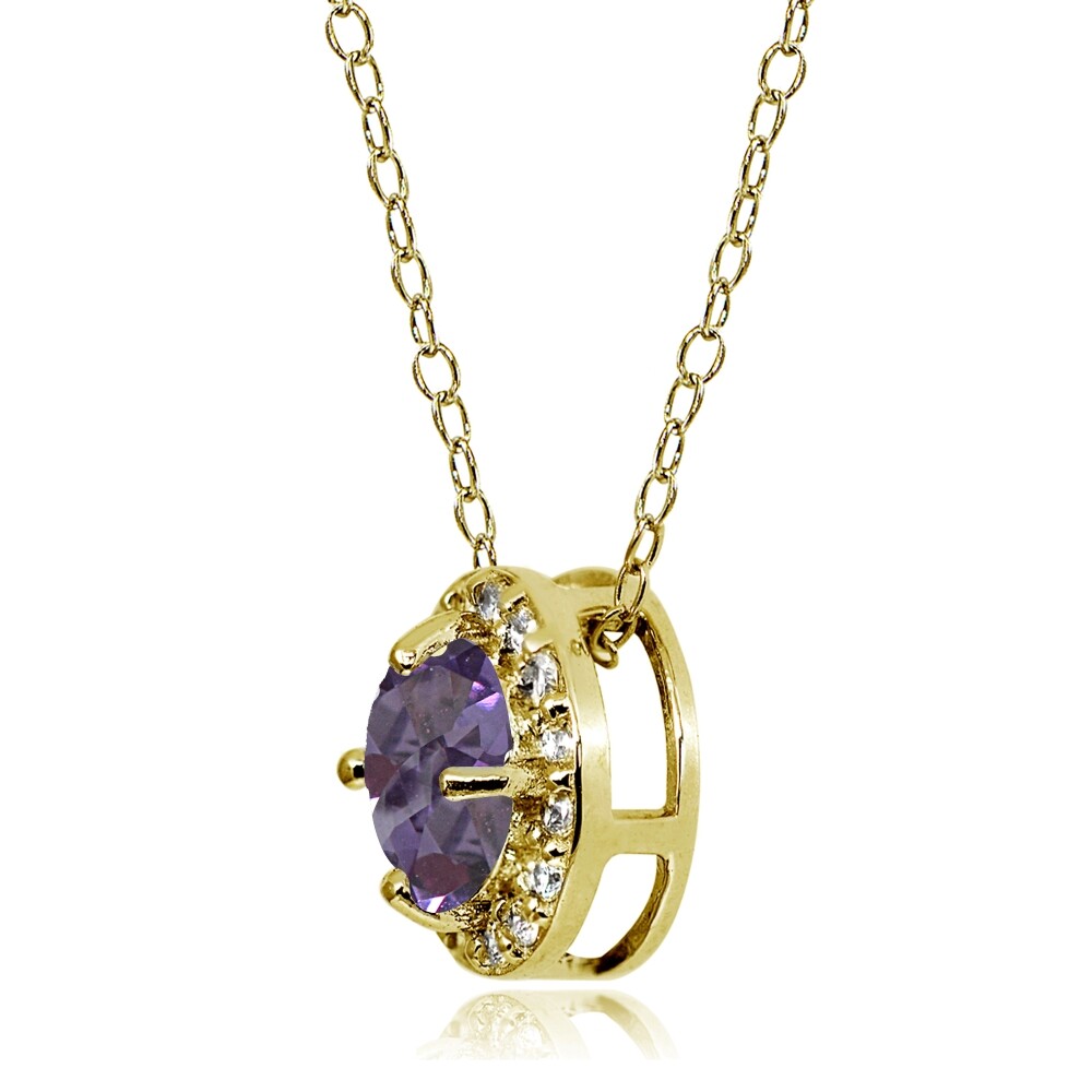 Yellow Gold Flash Sterling Silver Simulated Alexandrite & CZ Round Halo Necklace