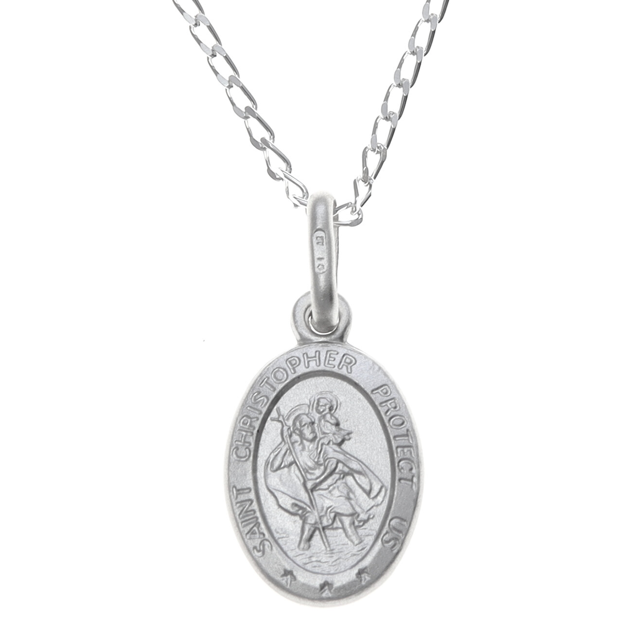 Small oval silver St Saint Christopher pendant necklace with 16″ chain and box