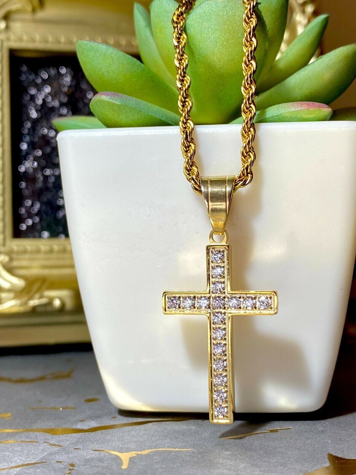 1Ct Round Cut GH/SI Natural Diamond Cross Unisex Pendant Solid 14k Yellow Gold