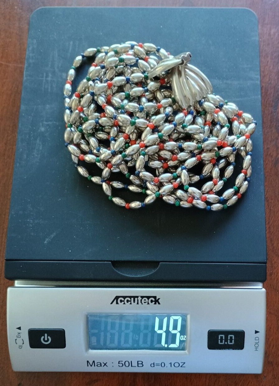4.9 OZ. STERLING SILVER NECKLACE, WITH RED, GREEN, BLUE STONE BEADS, SIGNED NR