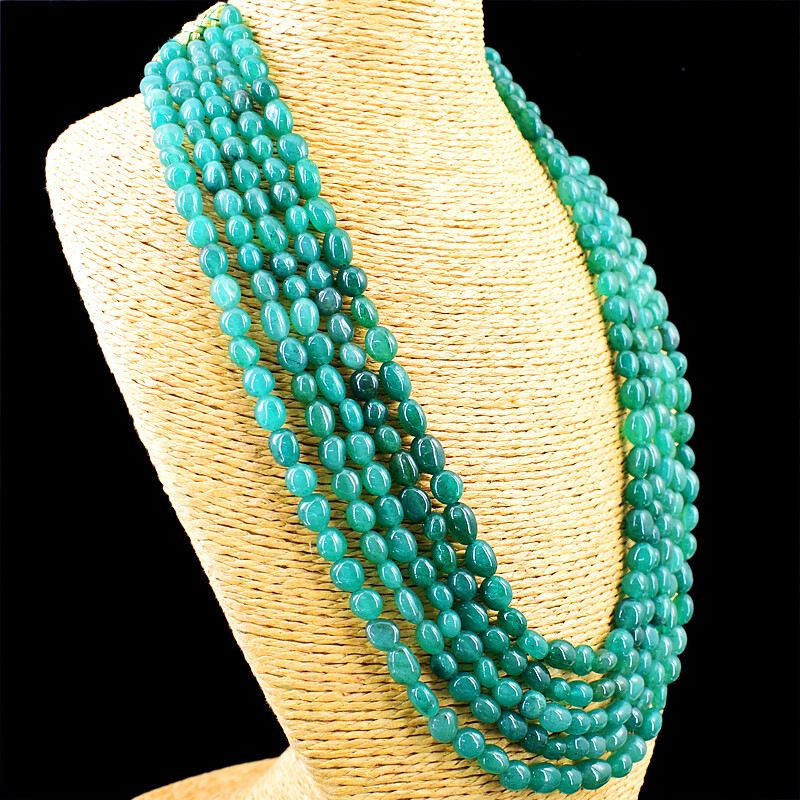 700.00 Cts Earth Mined 5 Line Green Emerald Oval Shape Beads Necklace NK 25E128