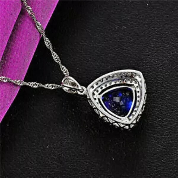 2Ct Trillion Cut Blue Tanzanite Double Halo Pendant 14K White Gold Over With Cha