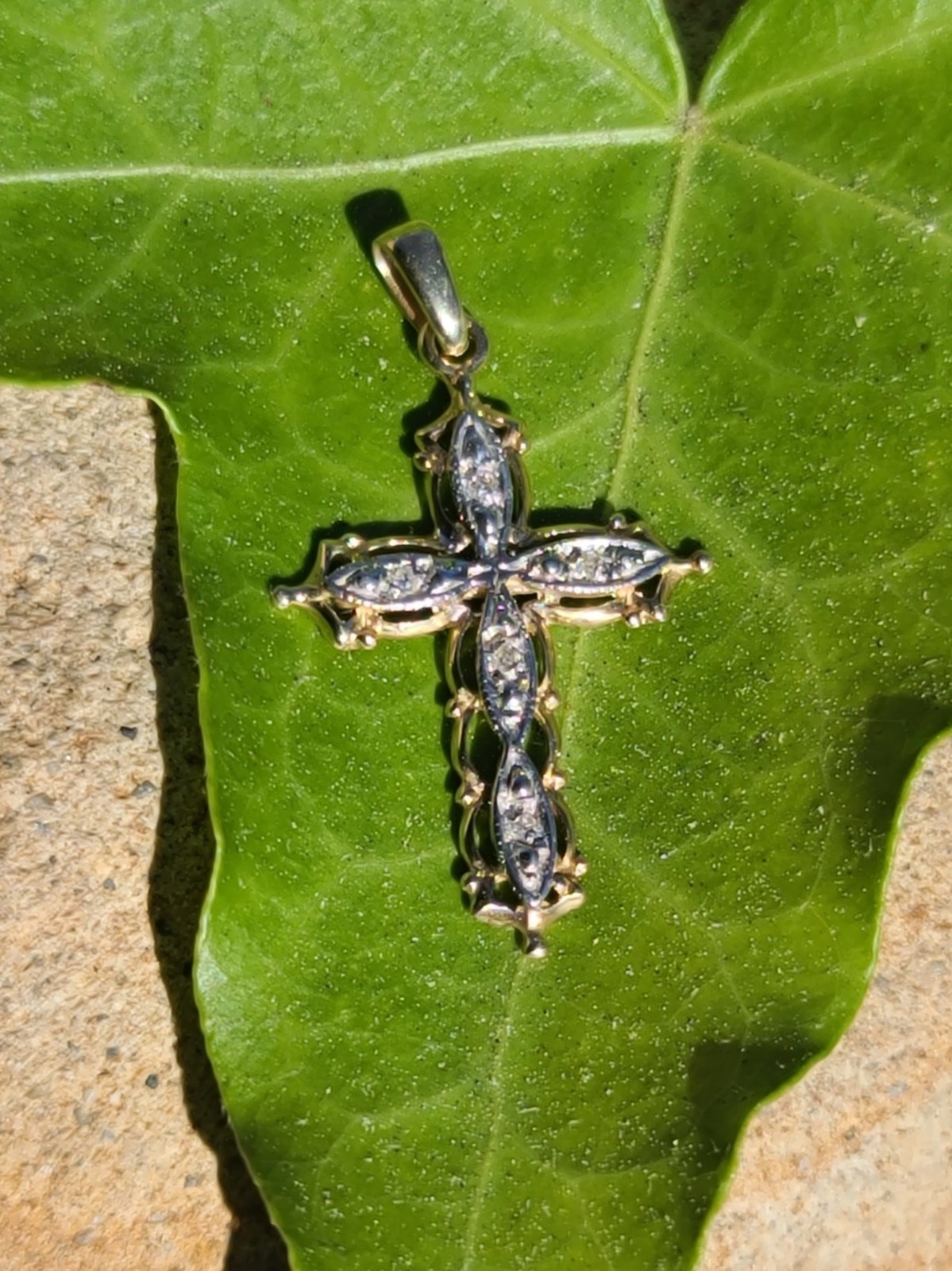 10k Solid Yellow & White Gold Diamond Cross Necklace Pendant 1.22″ Signed .99g