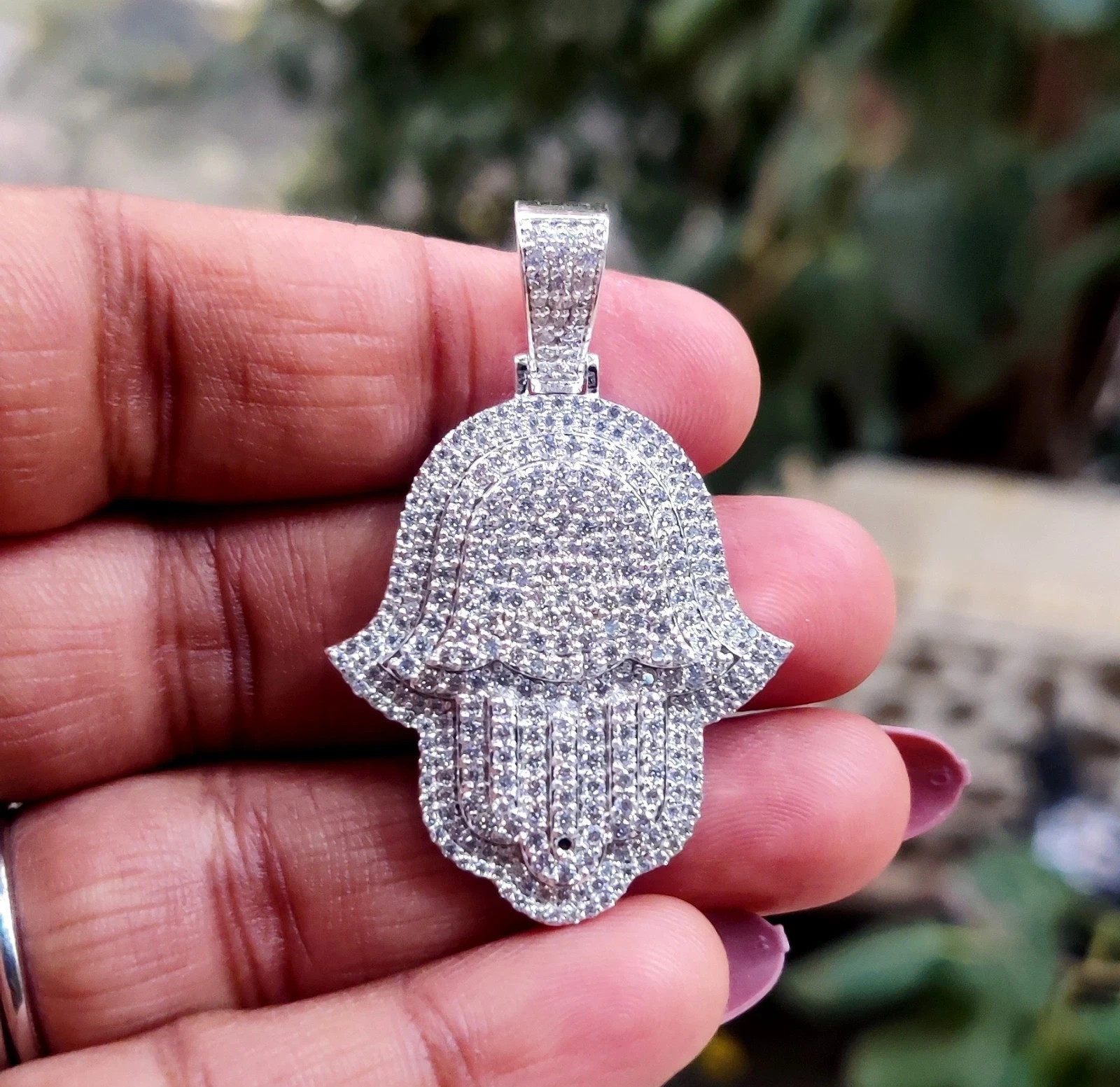 2Ct Round Lab-Created Diamond Hamsa Hand Pendant 14K White Gold Plated Silver