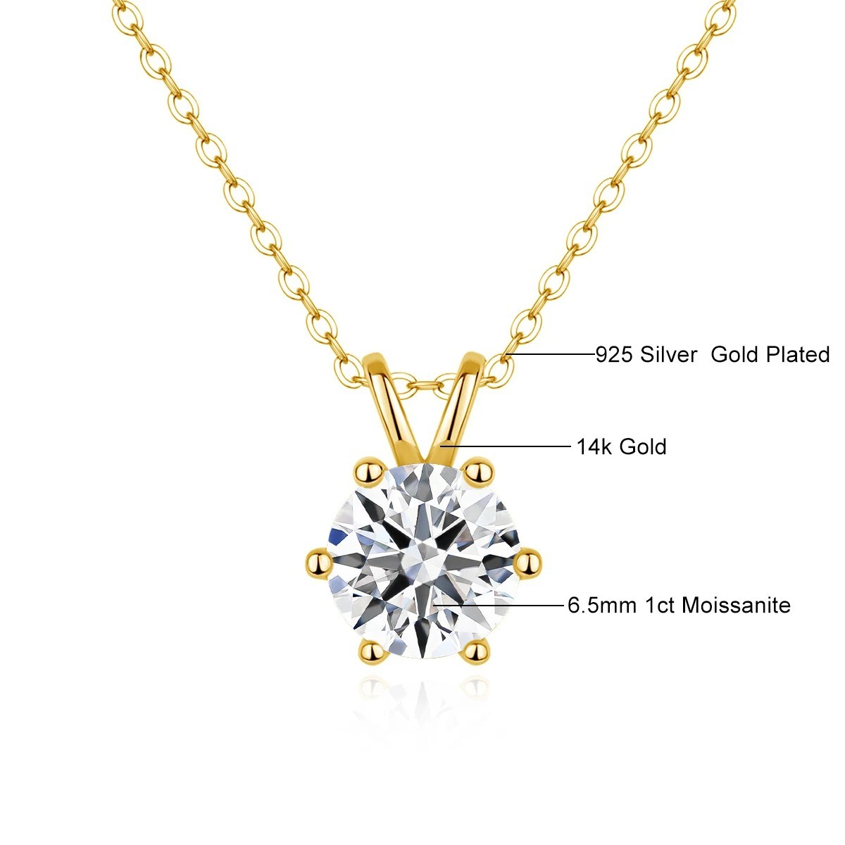 14K Gold Moissanite Solitaire Pendant Necklace D Color VVS Women Gift