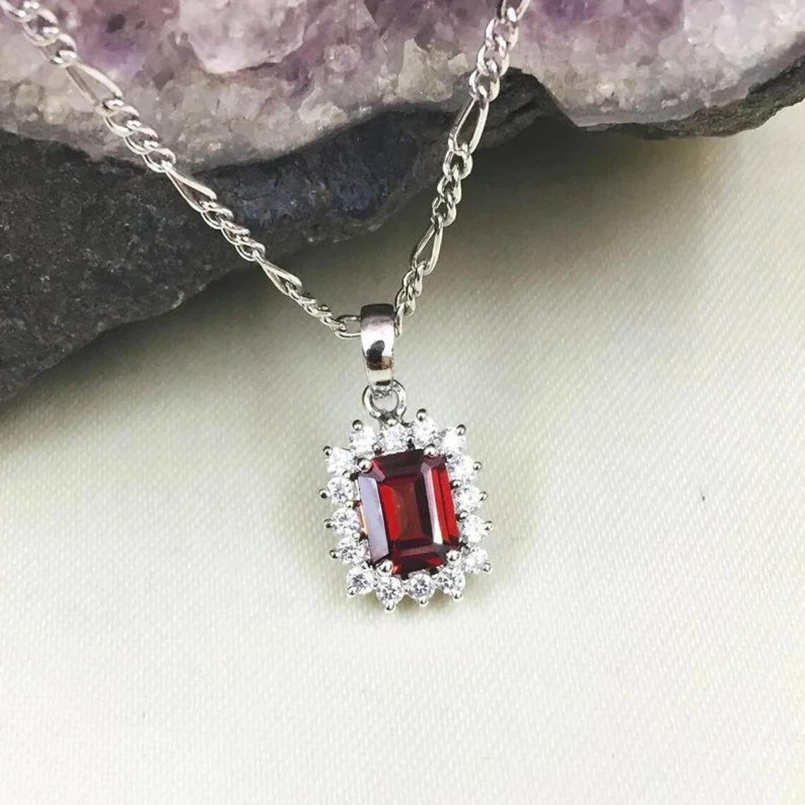 Natural Red Garnet Pendant 925 Sterling Silver Christmas Jewelry Gift for Him