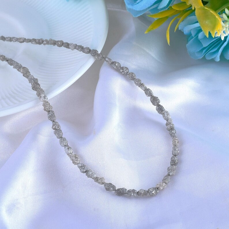 Natural Rough Gray Diamond Nuggets Beaded Necklace 925 Sterling Silver Gift 18″