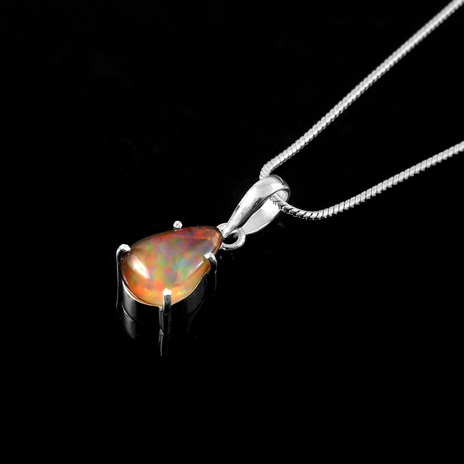 Rainbow Fire Opal Pendant Necklace Boho Sterling Silver Jewelry 3329