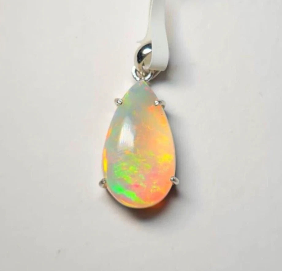 Natural 14 Ct White Multicolor Opal 925 Solid Silver Pendant Gemstone Pear Cut
