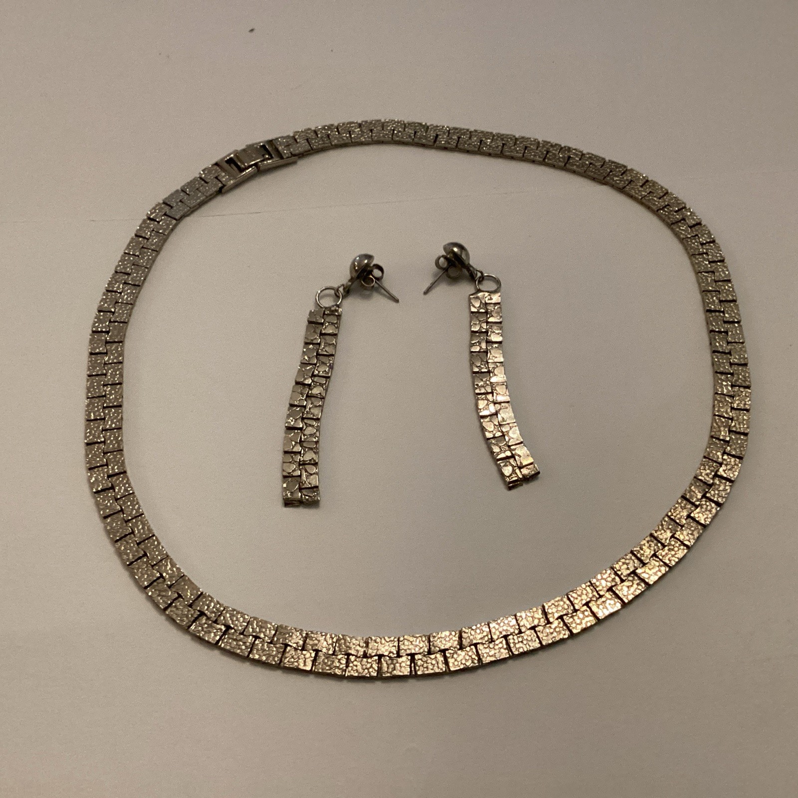 Thick Hammered Panel Sterling Silver Necklace W/Matching Dangle Earrings 49g