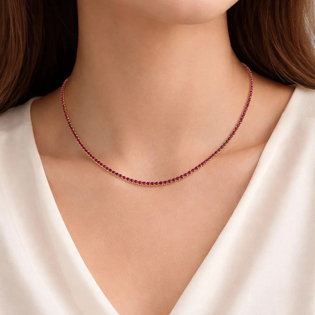 15TCW Round Lab Created Red Ruby Women’s Tennis Necklace 14K Yellow Gold Finish
