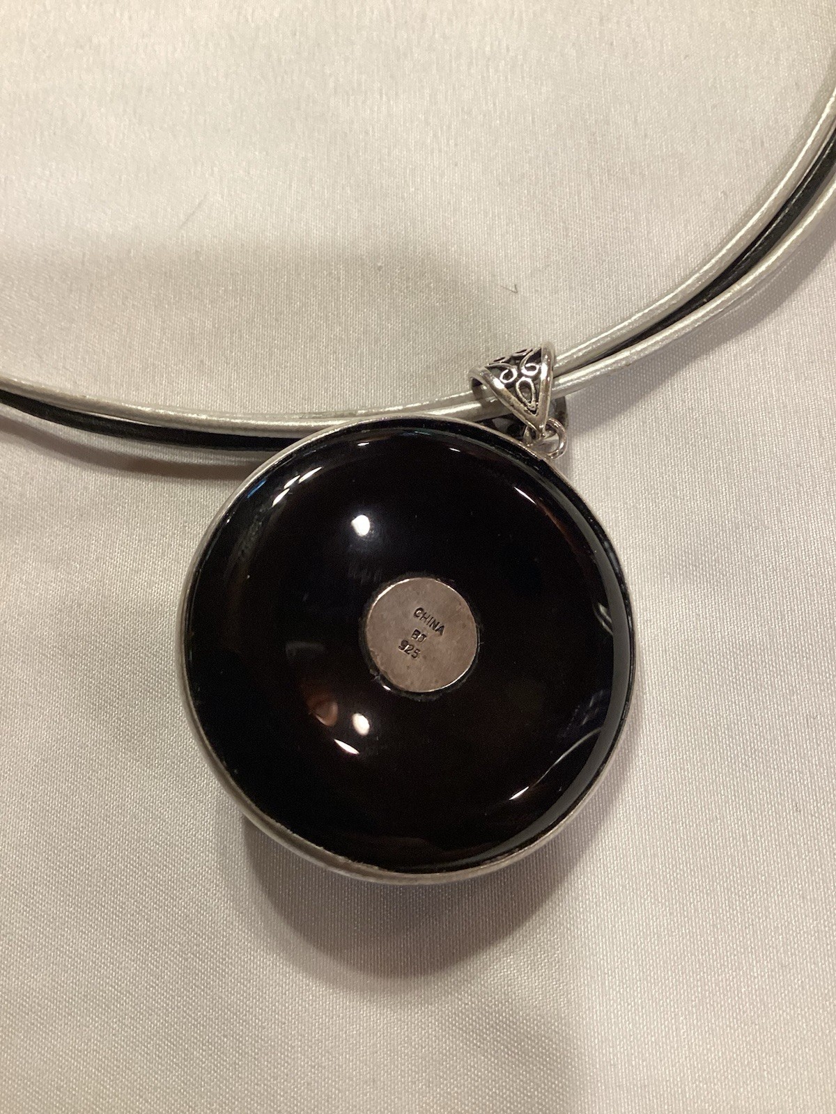 BJ Sterling Silver 925 Black Onyx White Pearl Pendant Leather Necklace