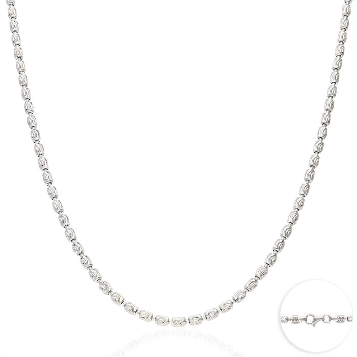 925 Silver 2mm-4mm White Half Moon Cut Oval Barrel Beaded Chain Necklace 18″-26″