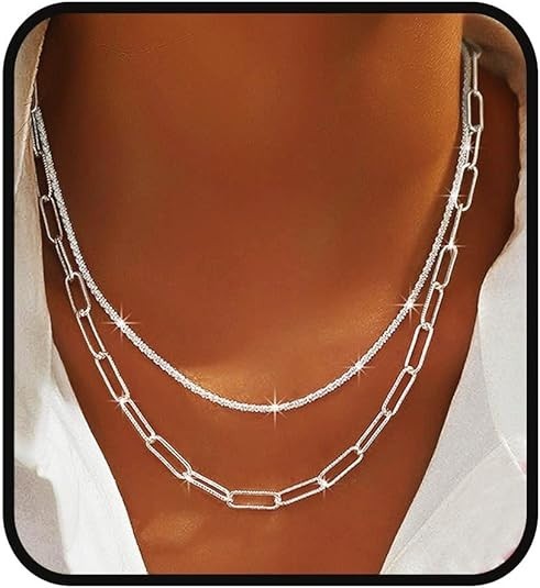 Yalice 925 Sterling Silver Sparkly Necklace Layered Dainty Chain Necklace…