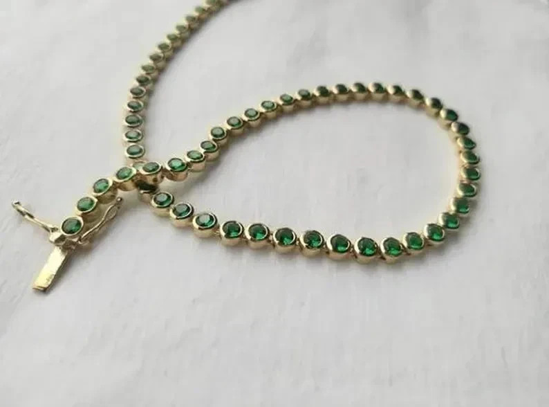 20TCW Round Cut Lab Created Emerald Bezel Tennis Necklace 14k Yellow Gold Plated