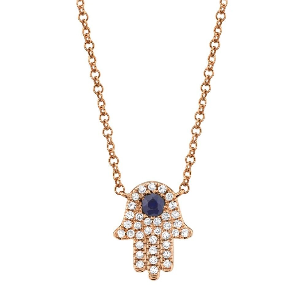 14K Rose Gold Diamond Blue Sapphire Hamsa Hand Pendant Necklace Natural 0.17 CT