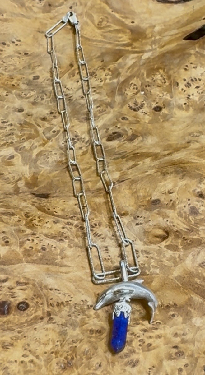 Sterling Silver Etched Paperclip Dolphin Necklace with Lapis Crystal Point Italy