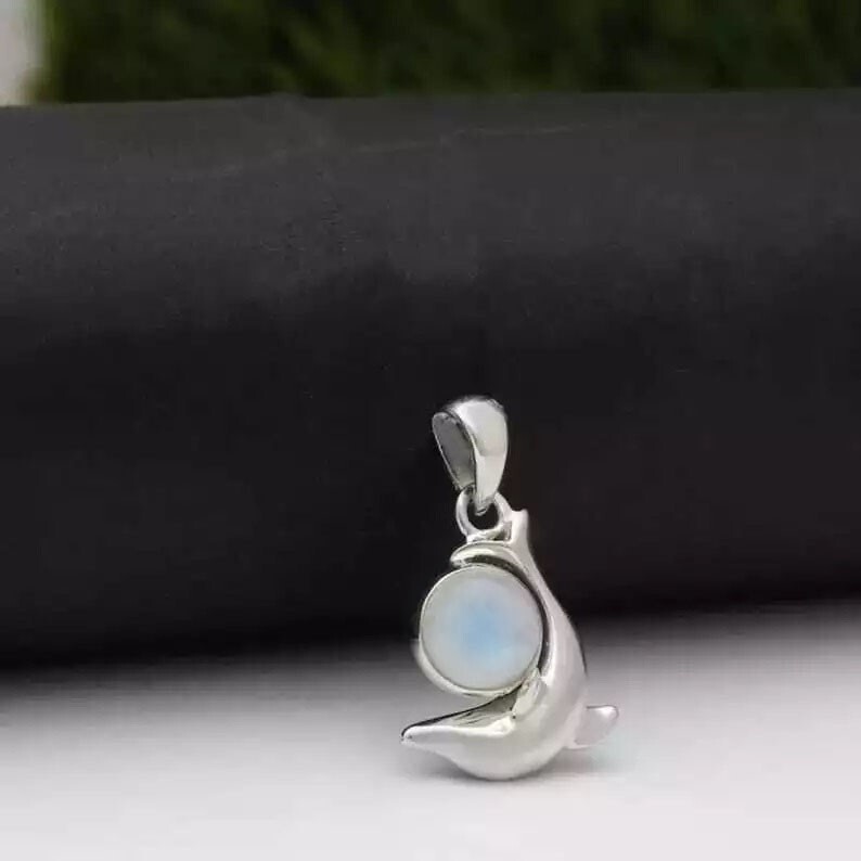 Rainbow Moonstone Dolphine Designer Silver Pendant Wedding Gift for Her & Him