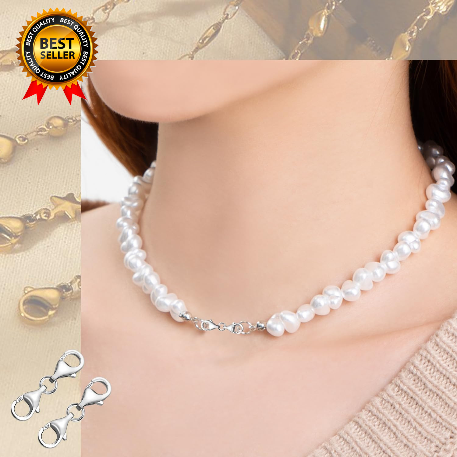Double Lobster Clasp 925 Sterling Silver Necklace Extenders for Women 9Mm