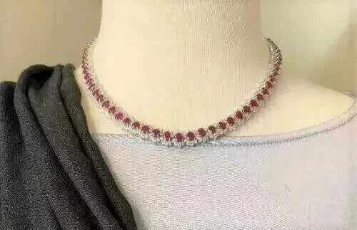 17Ct Oval Cut Lab Created Red Ruby Women’s Tennis Necklace 14K White Gold Plated