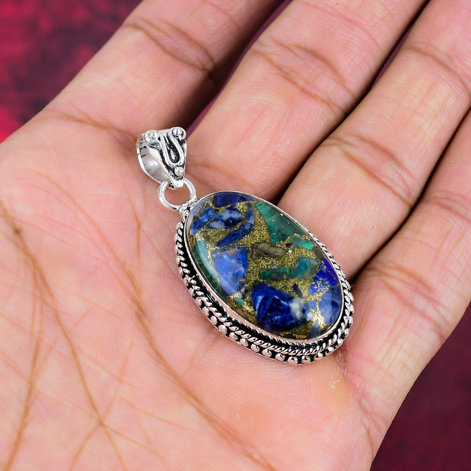 Copper Azurite Malachite Gemstone Handmade 925 Silver Jewelry Designer Pendant
