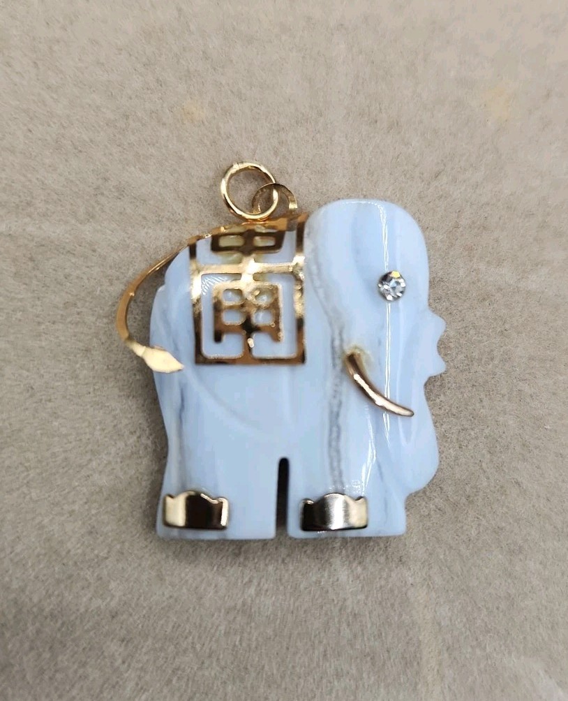 Elephant Pendant of Blue Lace Agate & 14k Gold Filled With Crystal Stone Eye