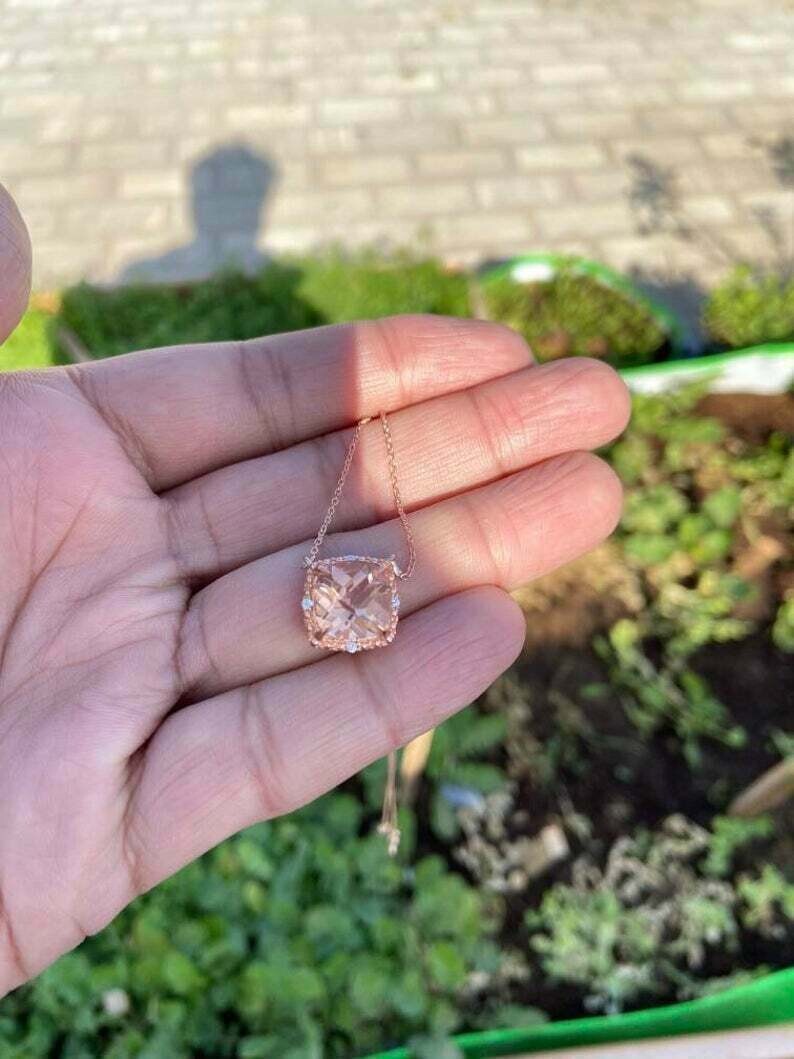 2Ct Cushion Cut Simulated Morganite Women’s Pendant 14K Rose Gold Plated Silver