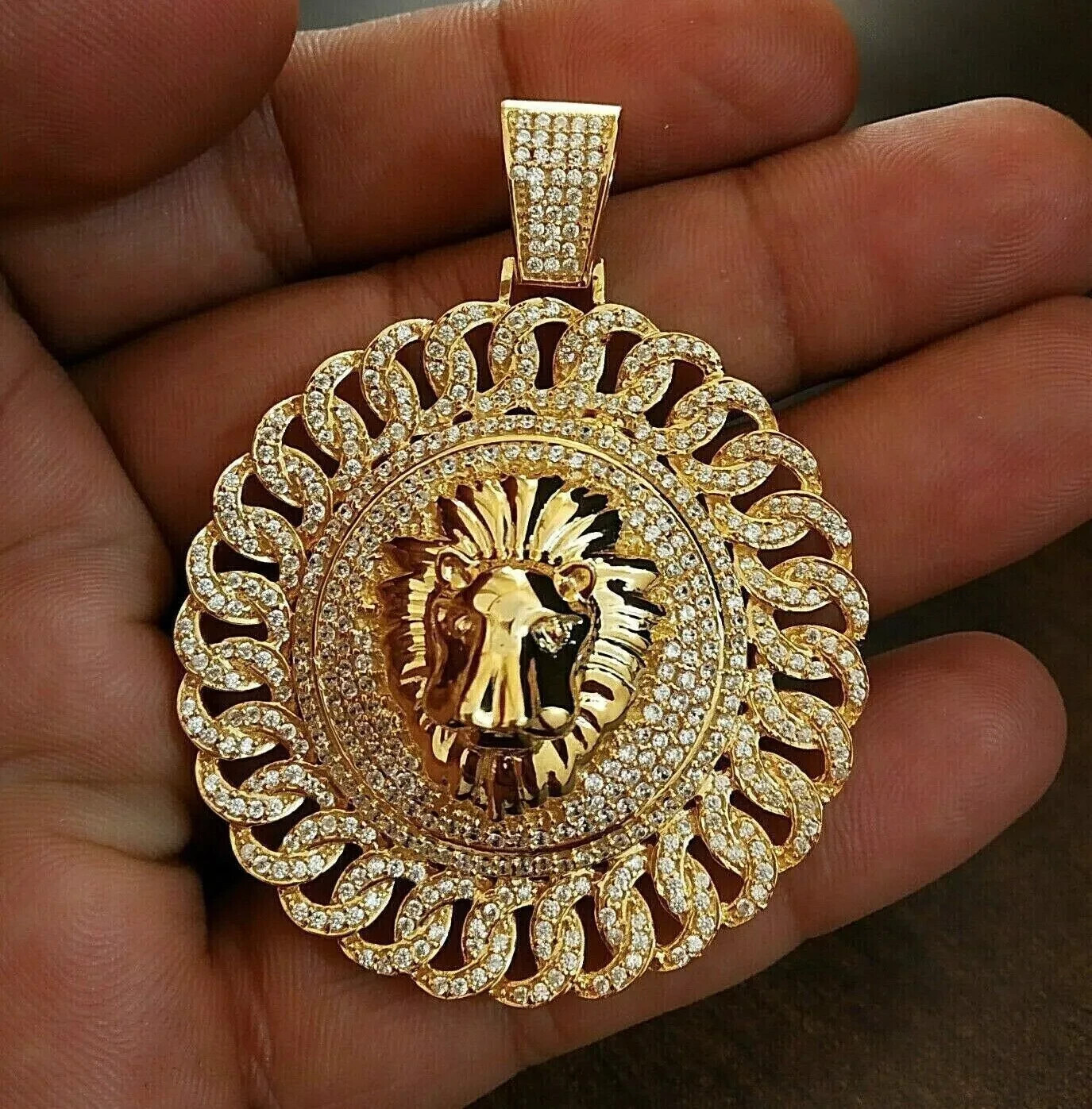 2.90Ct Lab Created Diamond Lion Face Cuban Link Pendant 14K Yellow Gold Plated