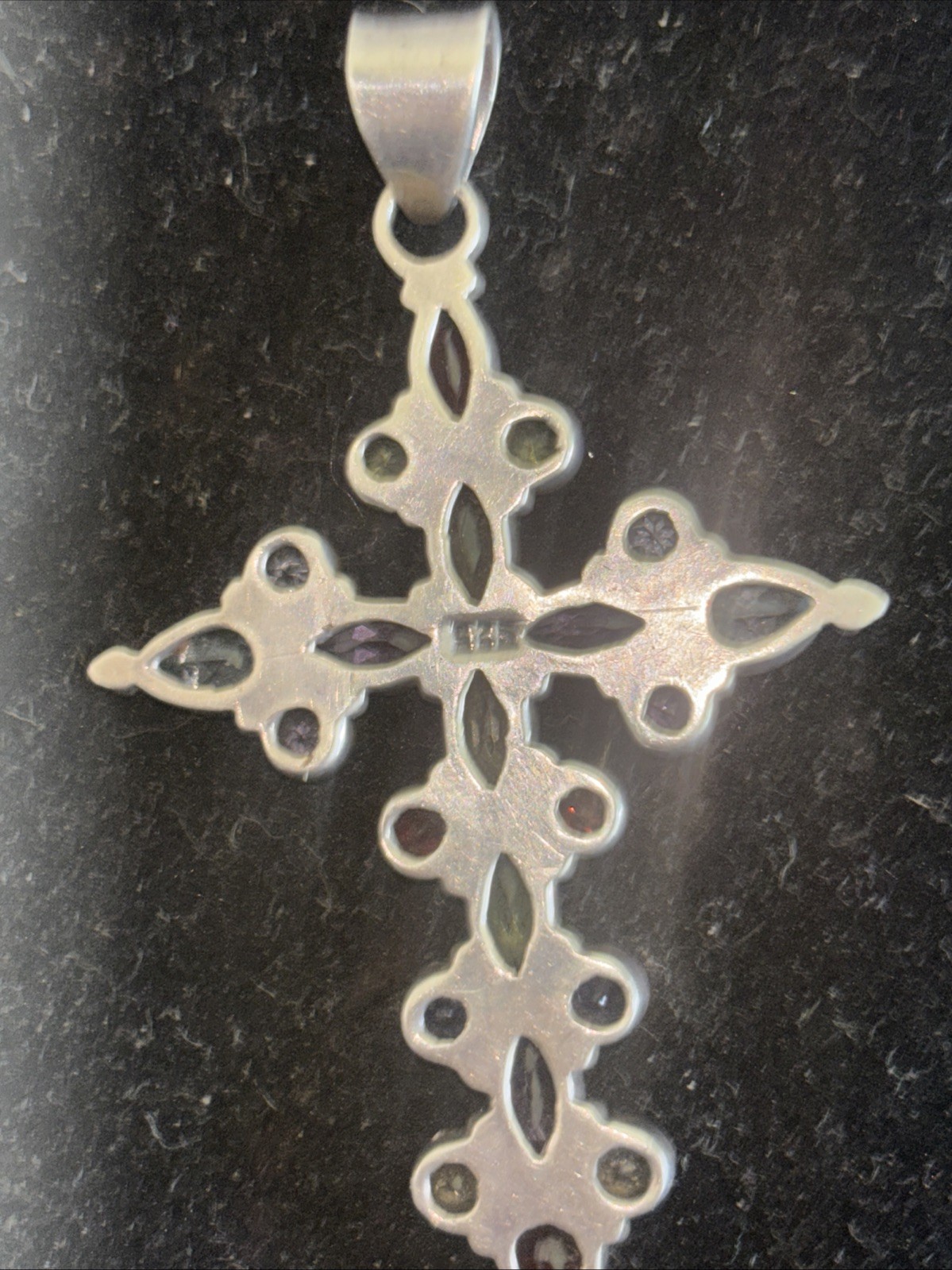 Sterling silver, multi gemstone, Marquise, and round cross pendant