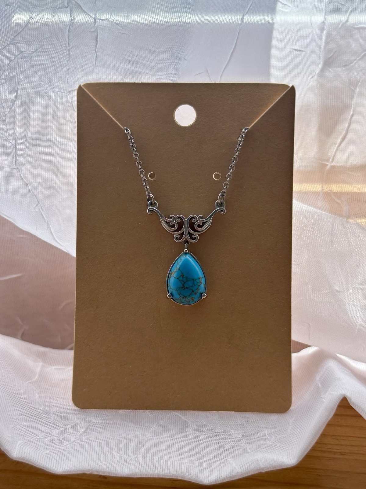 New Karis 316L Stainless Steel Turquoise Teardrop Pendant Silver Necklace 18-20”