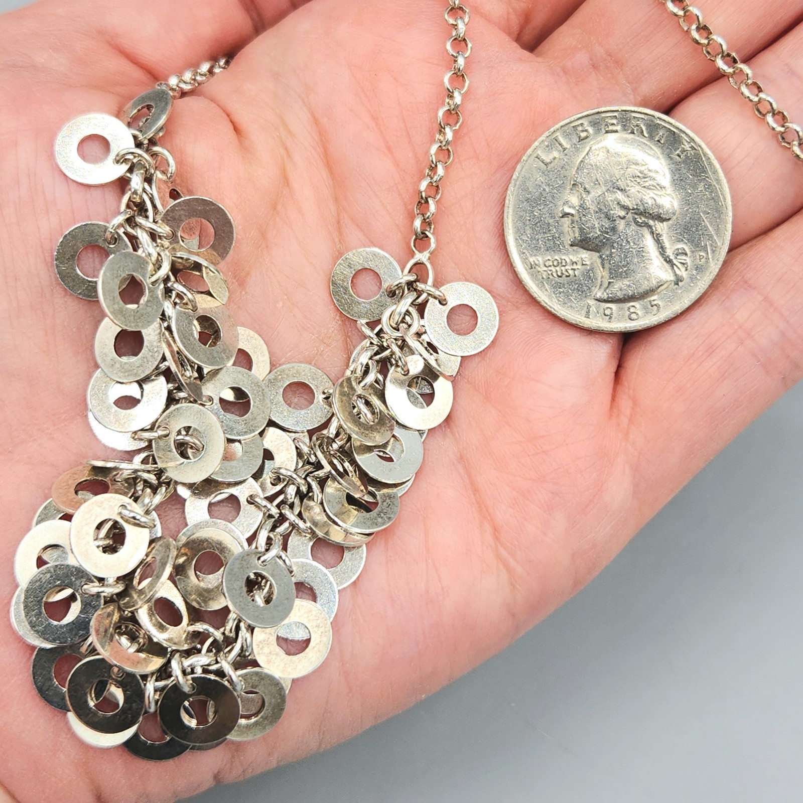 Solid Silver Sterling Disc Charm Dangle Fringe Chain Necklace 17″ 24.8g