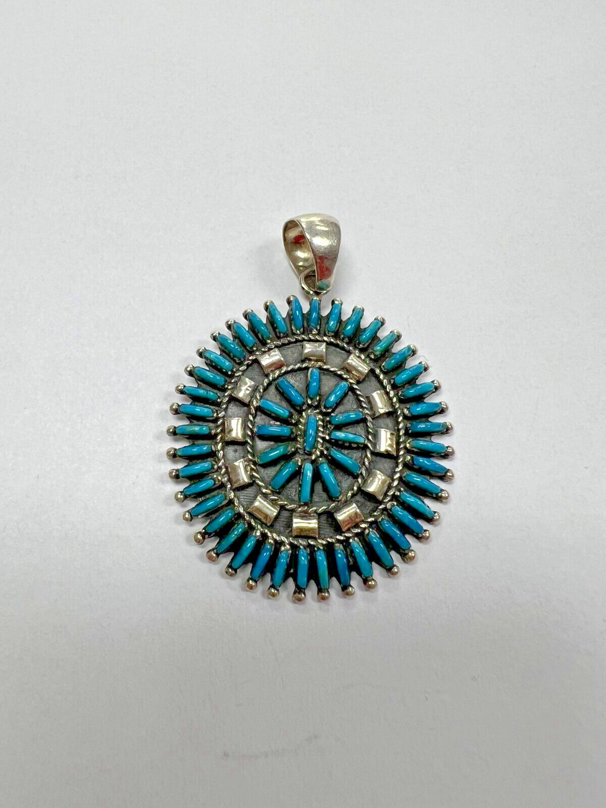 Southwestern Design SS Petit Point Turquoise Drop Pendant Signed S* [035DuW]