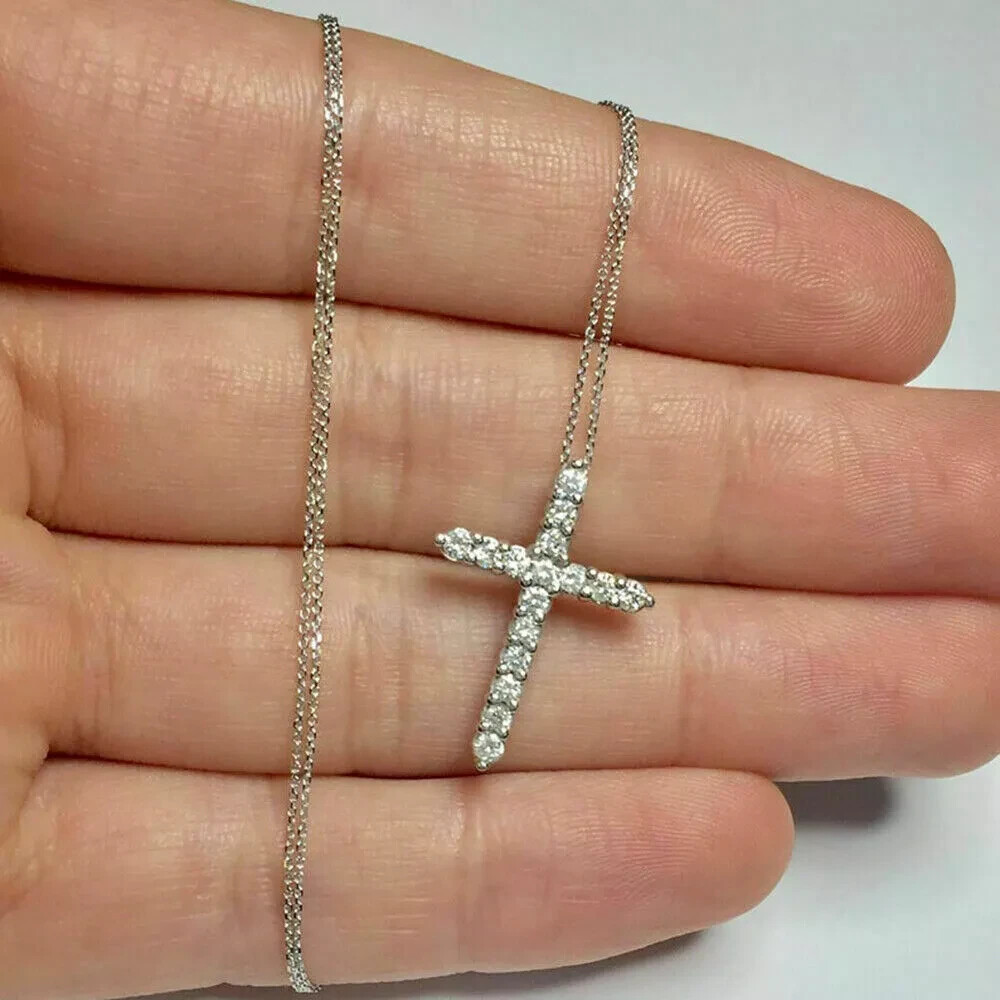 1.00 Ct Round Cut Diamond Cross Pendant W/18″ Free Chain 14K White Gold Finish