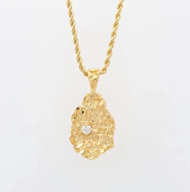 14K Yellow GoldPlatedDiamond Nugget Charm Pendant w/24″ Chain Necklace For Men’s