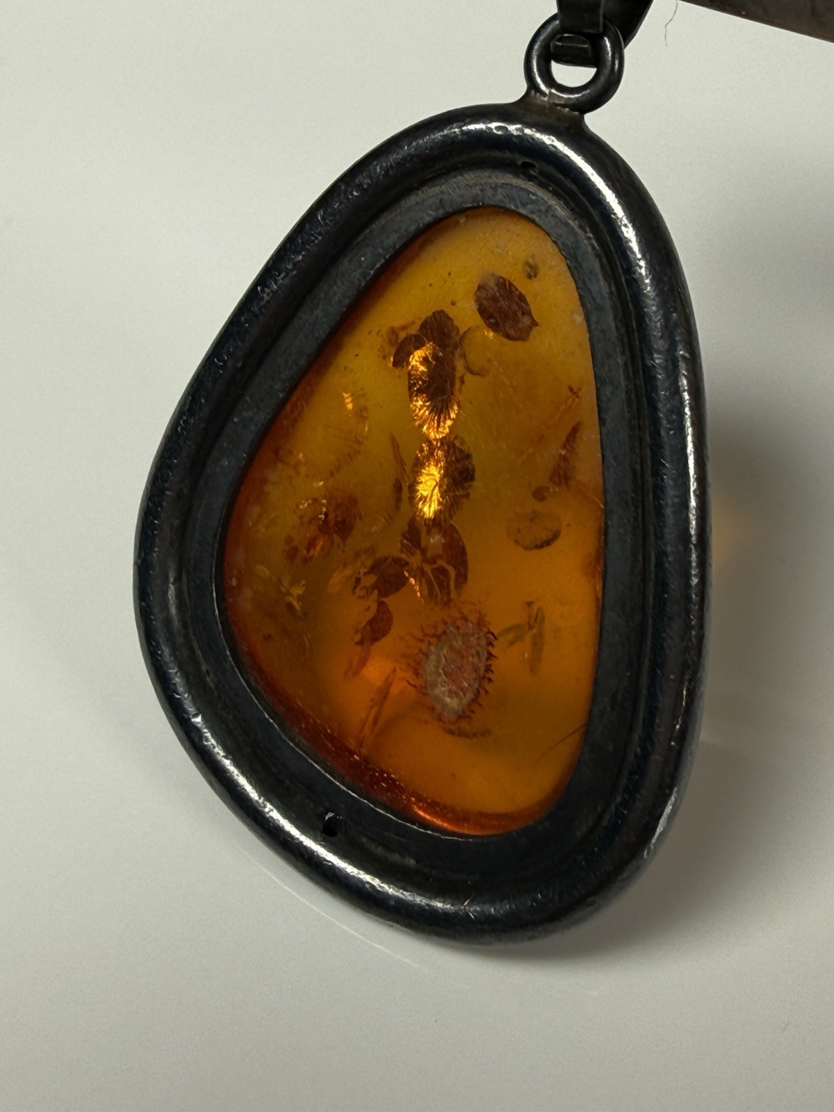 Orange Amber Cabochon Sterling Silver Asymmetrical 2”Pendant 925