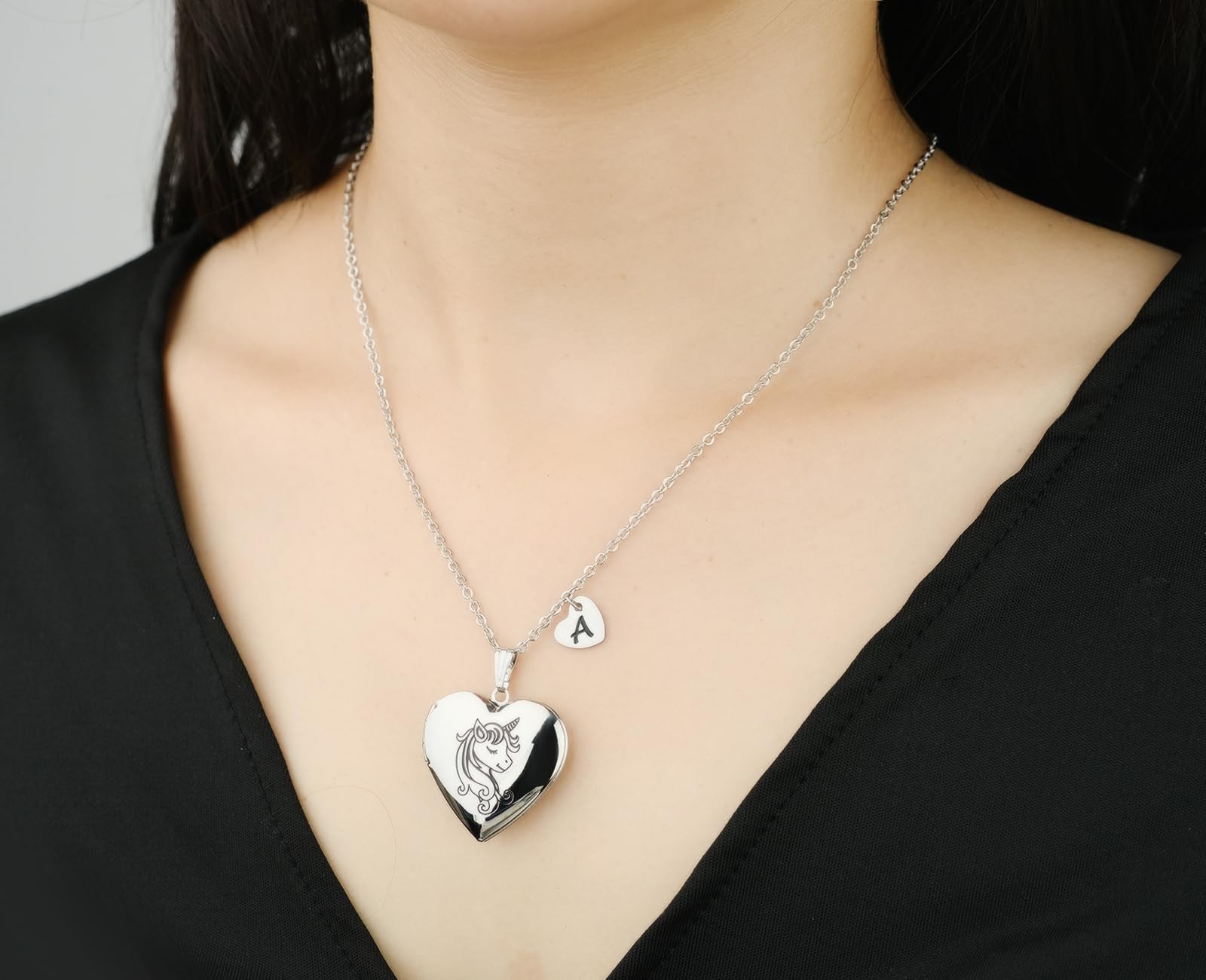 Unicorns Gifts for Her Love Heart Initial Letter Locket Necklace that Holds Pict