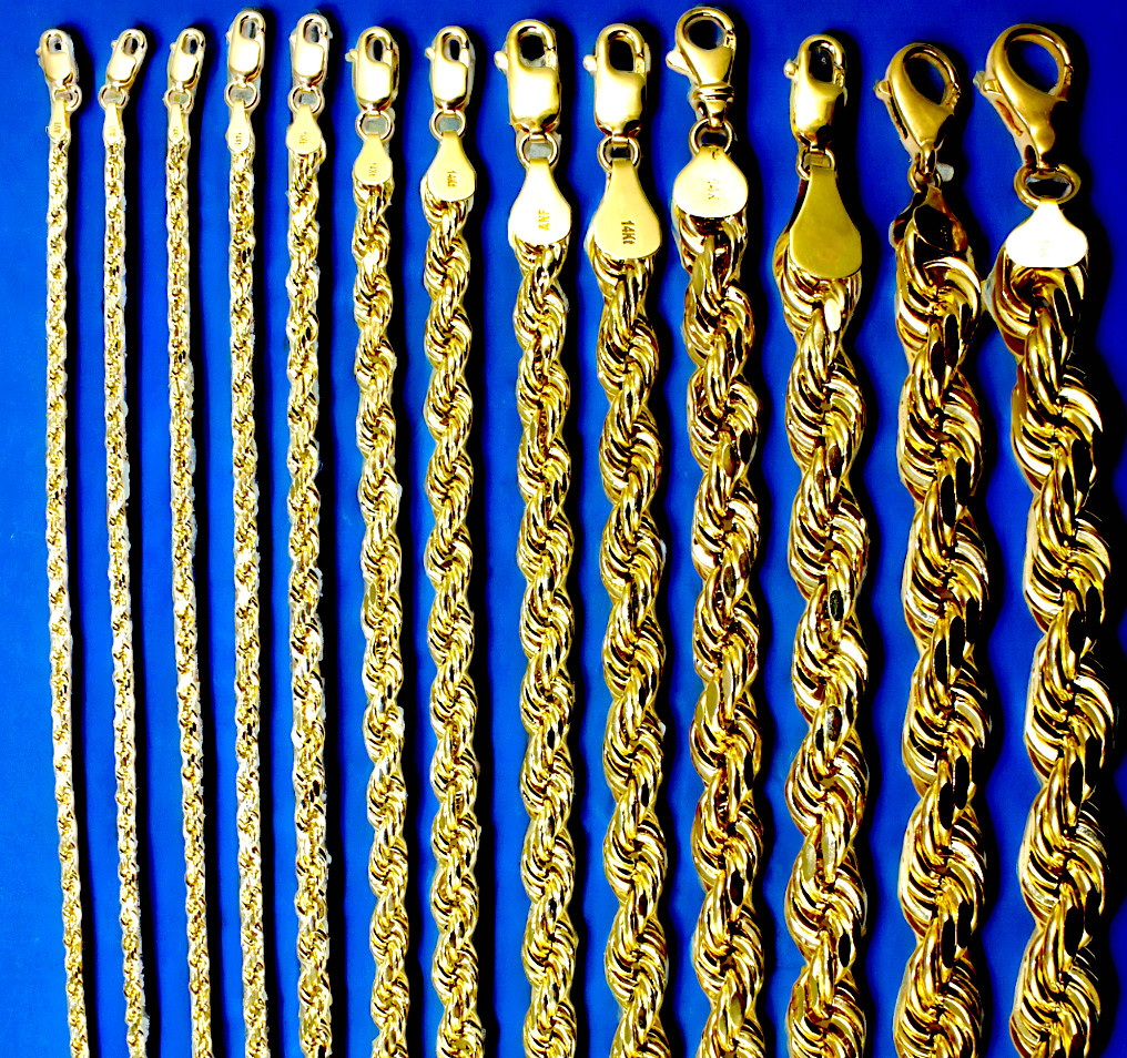 14K Yellow Gold SOLID Rope Chain Necklace Bracelet Diamond Cut 1mm-12mm 7″-30″