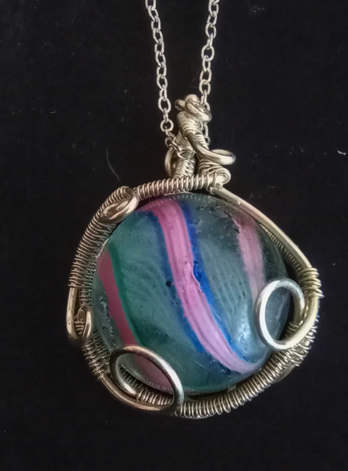 1870 German Swirl Marble Pendant Wrapped In Sterling Silver Wire * Unique OOAK
