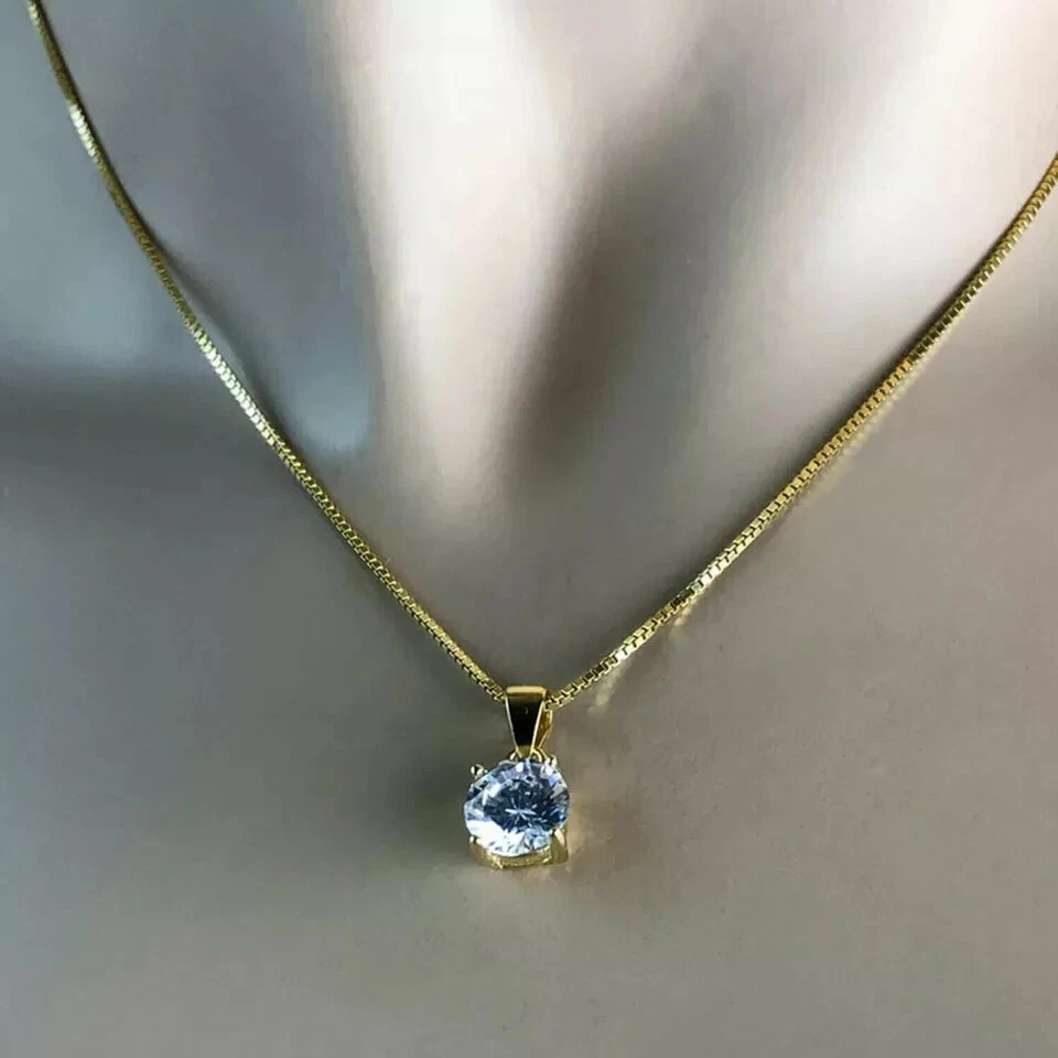 1Ct Lab Created Diamond Round Solitaire Pendant 14k Yellow Gold Finish Chain