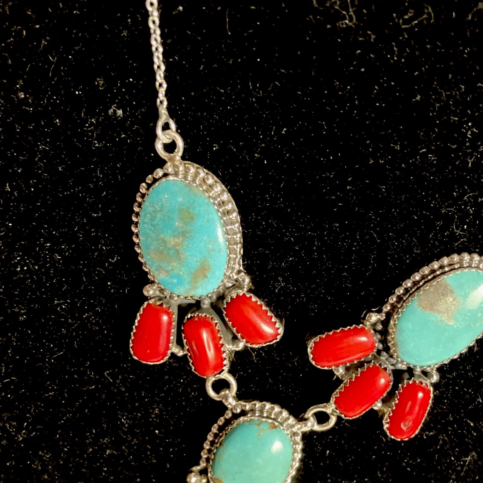 Natural Turquoise & Mediterranean Coral Bezel Set Lariat 18” Necklace 39gm Red