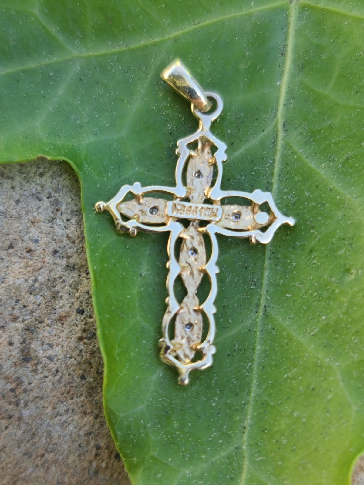 10k Solid Yellow & White Gold Diamond Cross Necklace Pendant 1.22″ Signed .99g