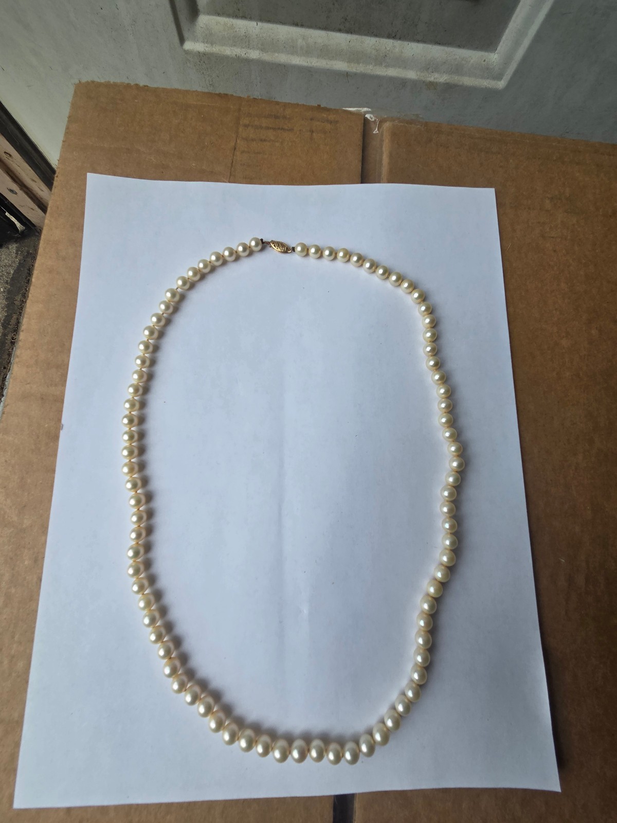 Vintage Cultured Pearl Necklace 14k Fish Hook Clasp 24″ Hand Knotted 6mm Cream