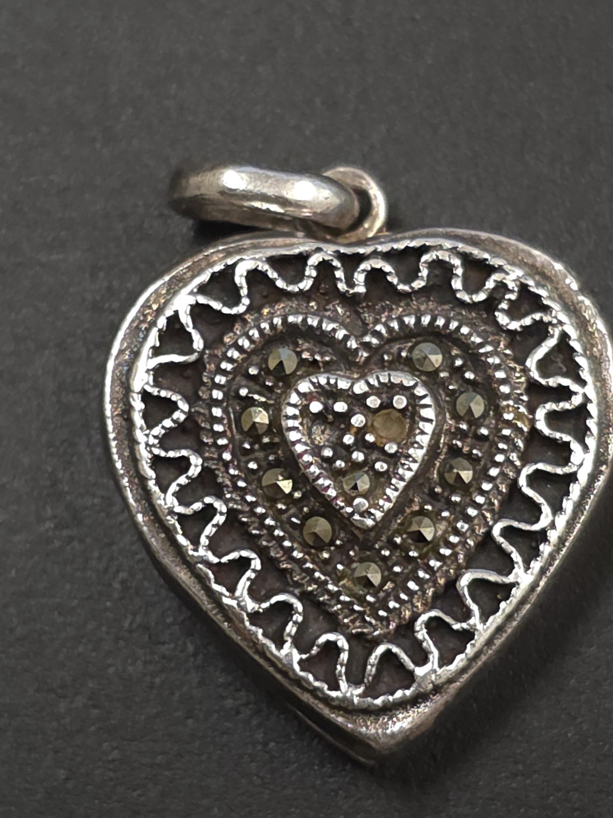 925 Sterling Silver Heart Locket Pendant w/ Round Gray Marcasite, Love