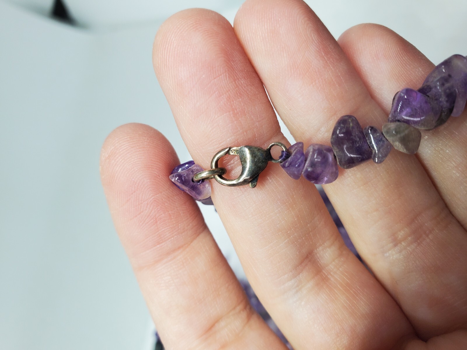 Amethyst Chip Asymmetrical Sterling Silver Long Beaded Necklace 40″
