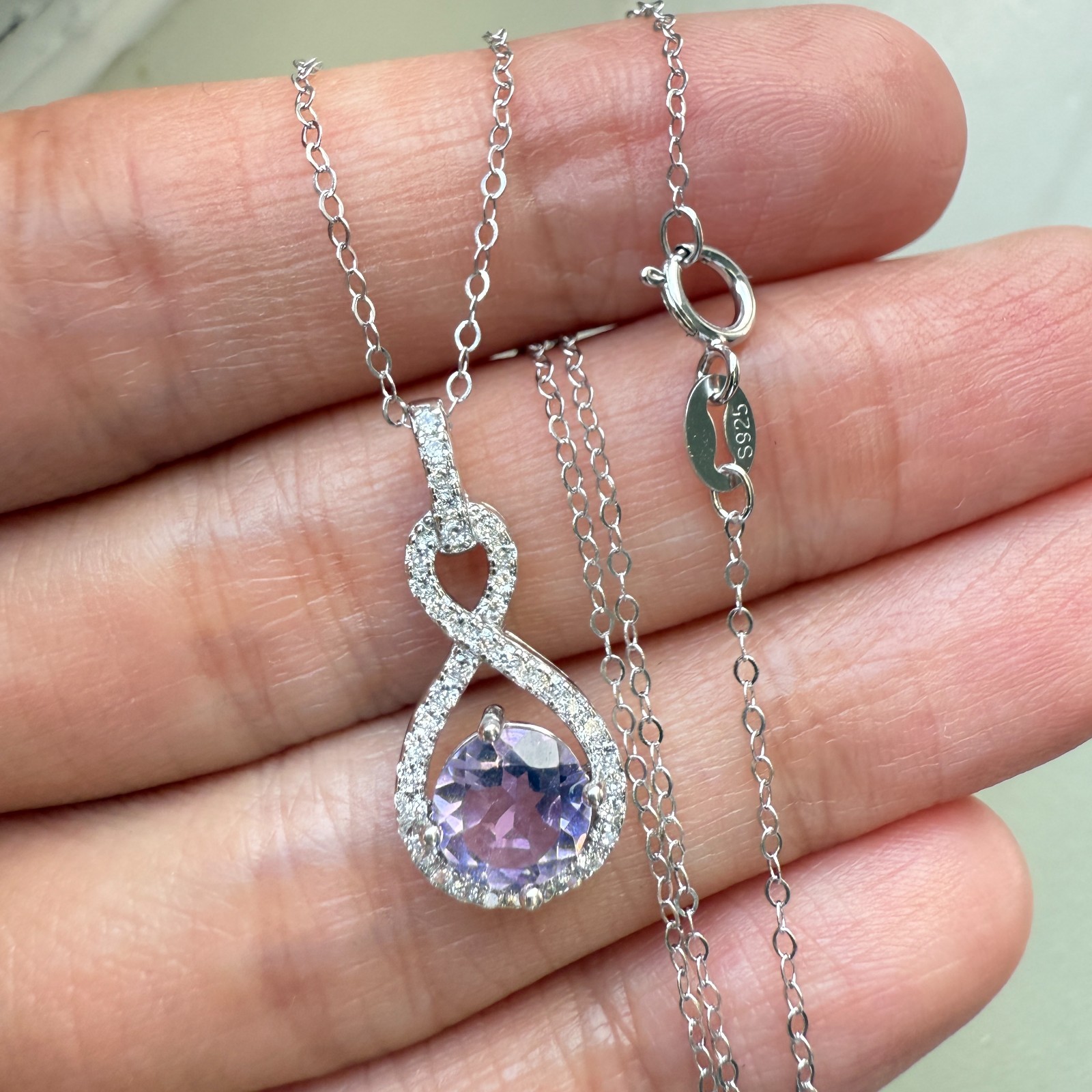 925 Sterling Silver Necklace 6mm Natural Amethyst Gemstone Zircon Purple Chain