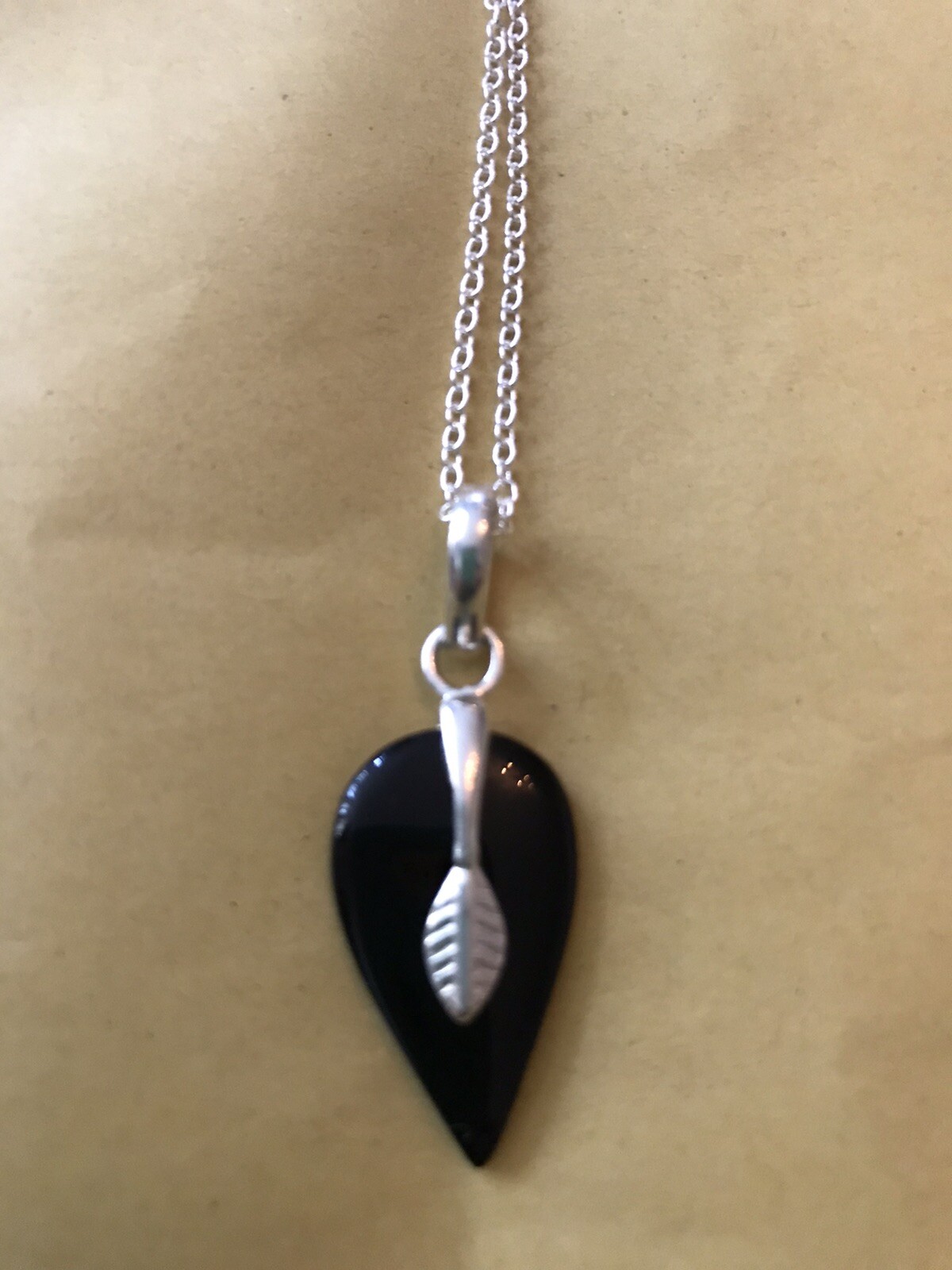 Black Onyx Modernist 925 Silver Pendant and Chain 20”.Leaf Design.UK SELLER.NEW