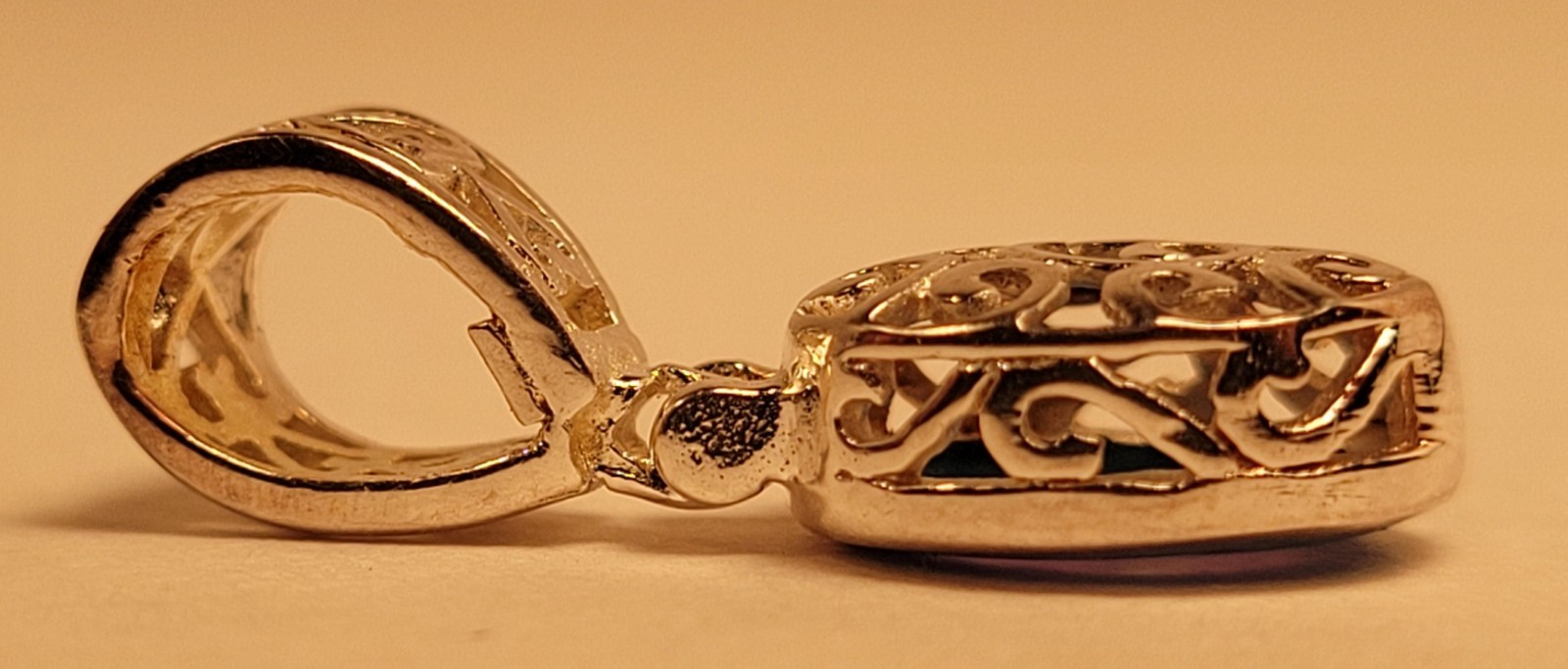 Sterling Silver 925 Filigree Pendant blue green oval charm beautiful hearts