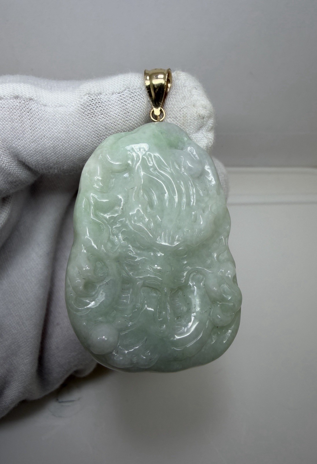 Real 10K Bail Top 100% Natural Green Jade Pendant Dragon Myanmar Jade FREE CHAIN