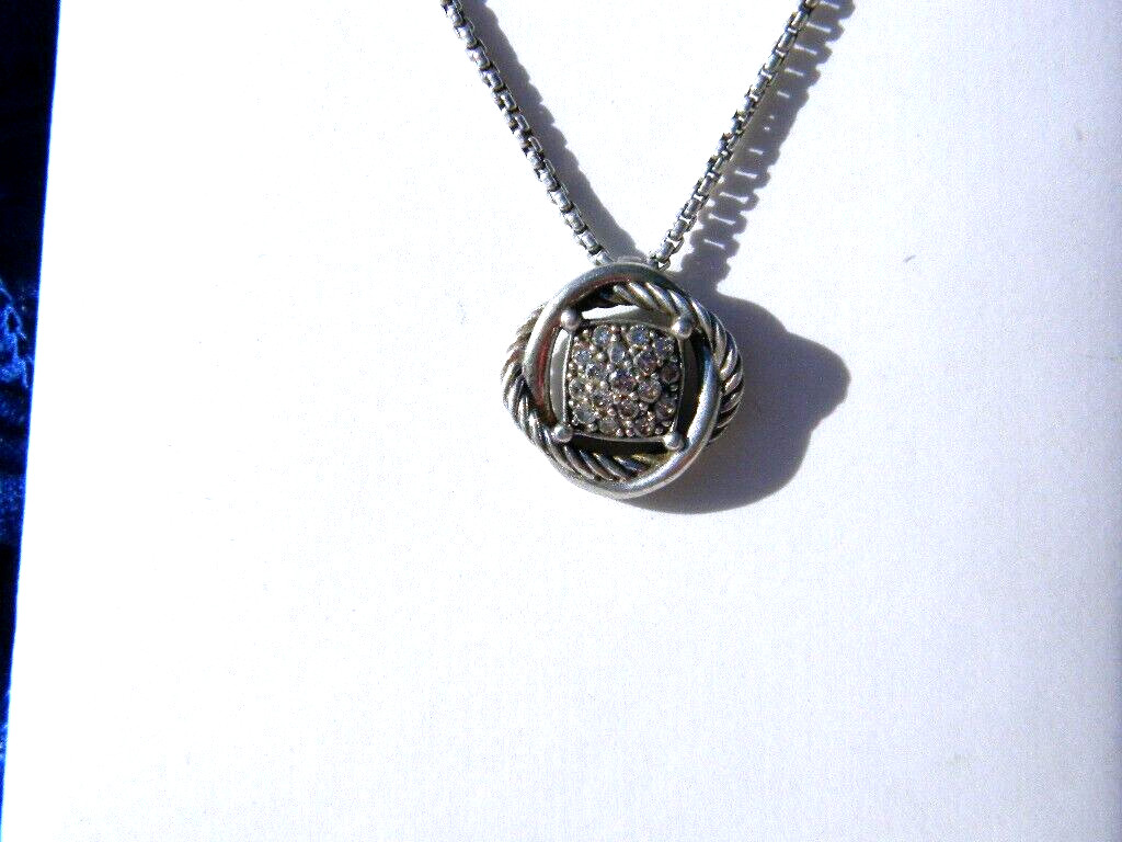 David Yurman Sterling Silver Pave Diamond Pendant Necklace 18”