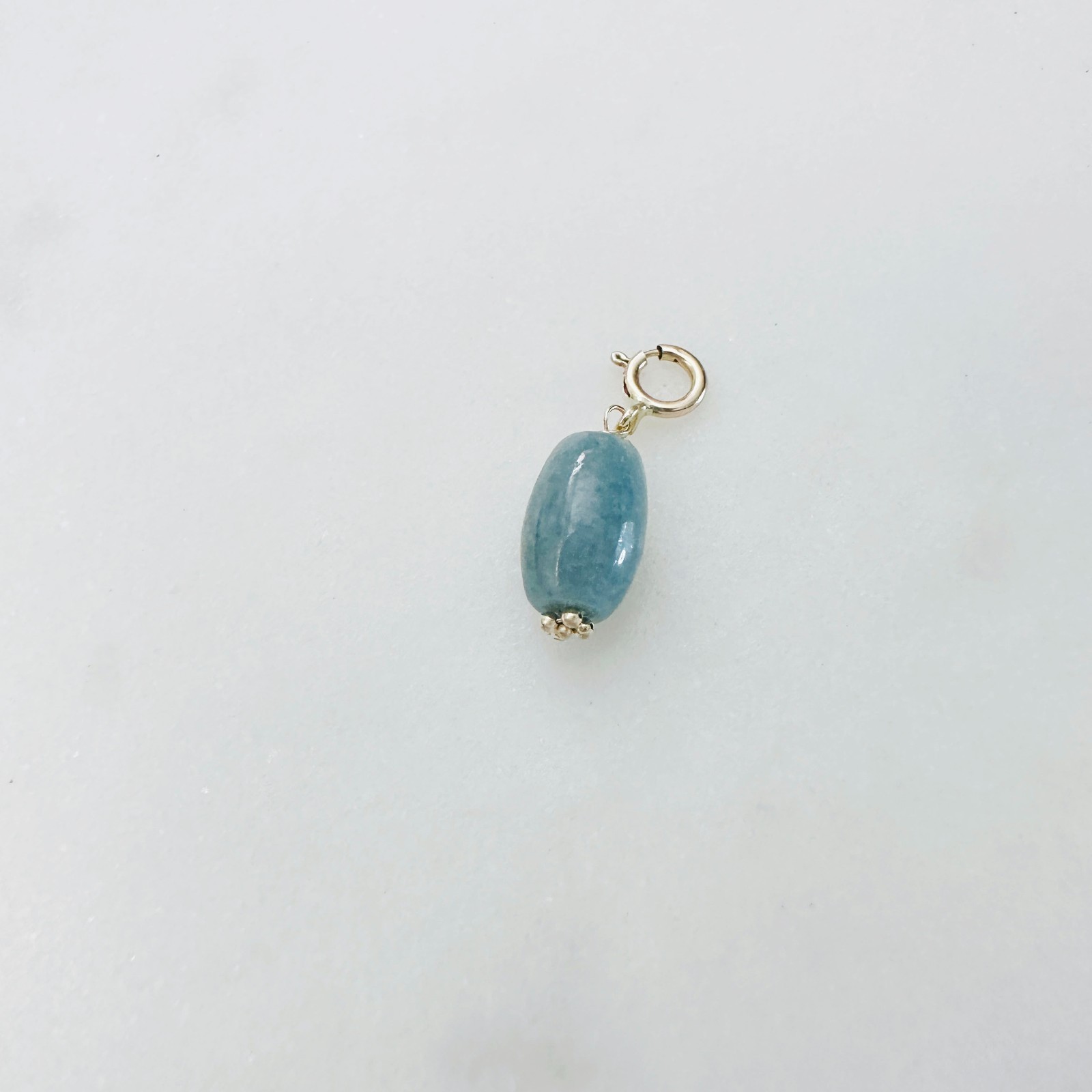 14K Solid Yellow Gold Barrel Blue-Green Jade Small Charm Pendant w/Spring Clasp